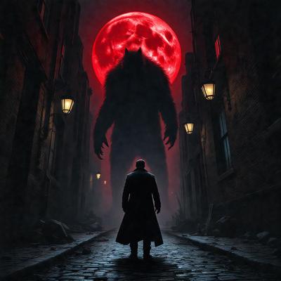 The primary subject of the image is a man wearing a long black coat, standing on a cobblestone street. The setting is a dark alley with a red moon in the background, creating a mysterious and eerie atmosphere. The visual style is a digital art or illustration, with the man and the moon being the main focus of the image. The colors and mood are predominantly dark, with the red moon adding a touch of eeriness to the scene.